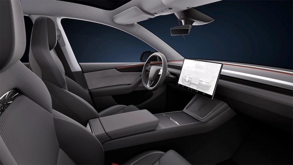 Tesla Model Y Performance, veículo elétrico, vista interior dos bancos dianteiros e do tablier